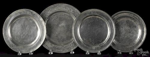 Three English pewter plates with wrigglework engraving, 18th/19th c.