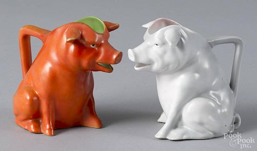 Two Royal Bayreuth porcelain pig creamers, to include a red pig and a gray pig with a blue mark