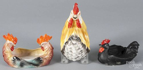 Royal Bayreuth porcelain rooster grouping, to include a multi-colored wall string holder, 6 1/2'' h.