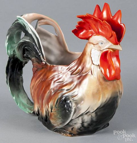 Royal Bayreuth porcelain multi-colored rooster water pitcher with a blue mark on base, 7 1/2'' h.