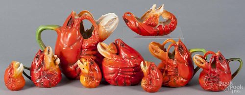 Royal Bayreuth porcelain lobster tablewares, to include a water pitcher with an early blue mark