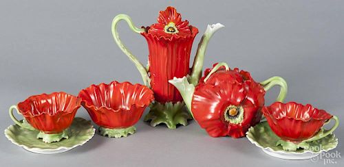 Royal Bayreuth porcelain red poppy tablewares, to include a teapot with a blue mark on base
