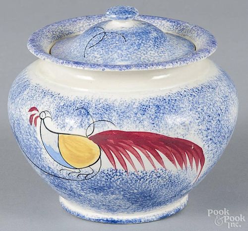 Blue spatterware porcelain teapot, 19th c., with peafowl decoration, 4 1/2'' h.