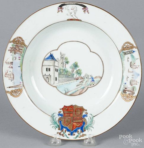 Chinese export armorial shallow bowl, 18th c., with a central depiction of a castle