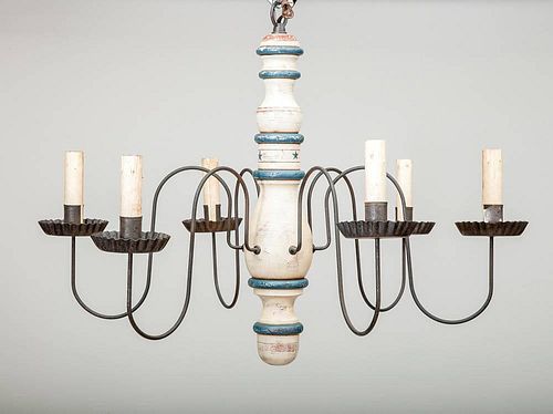 Early American Style Painted Wood and Metal Six-Light Chandelier