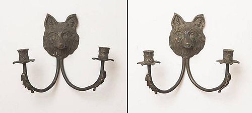 Pair of Cast-Metal Fox-Head Two-Light Wall Sconces