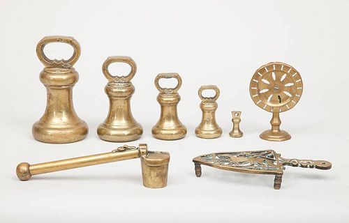 Five Brass Weights, a Miniature Brass Tilt-Top Stand, a Trivet and an Ink Holder