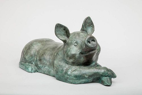 Verdigris Bronze Patinated Figure of a Recumbent Piglet