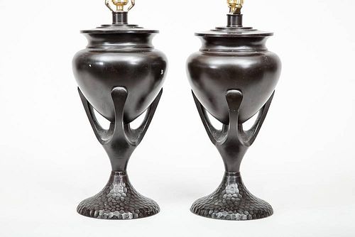 Pair of Black-Patinated Metal Urn Lamps