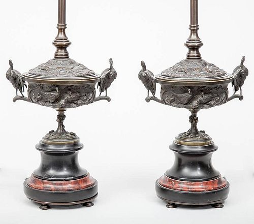 Pair of Renaissance Style Marble-Mounted Bronze Urns, Mounted as Lamps