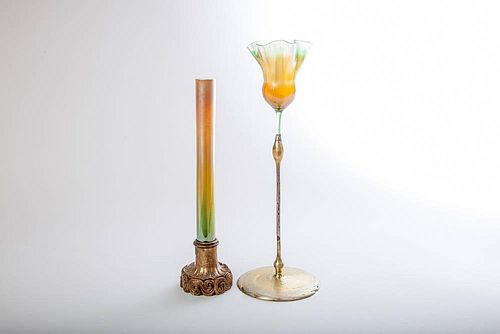 Two Tiffany Studios Gilt Bronze Stands with Tiffany Favrile Glass Vases