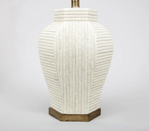 Contemporary Straw-Glazed Pottery Hexagonal Basketweave Lamp