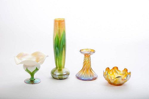Tiffany Favrile Glass Vase, a Finger Bowl and Two Damaged Pieces