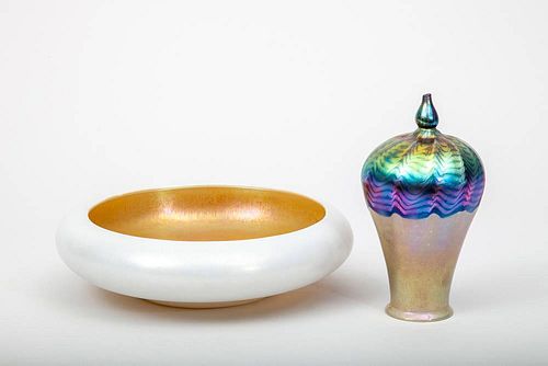 Unsigned Steuben Pearl Aurene Low Bowl and an Art Glass Table Decoration