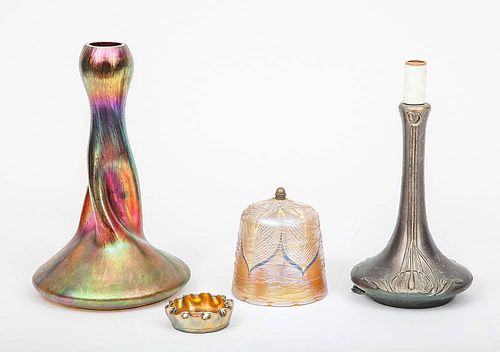 Louis Comfort Tiffany Favrile Glass Salt, Loetz Type Twist Vase and an Art Nouveau Pot-Metal Lamp with Quezal Type Glass Shade