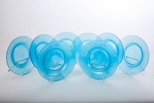 Set of Eight Steuben Aurene Type Footed Glass Plates