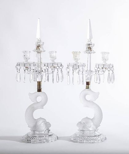 Pair of Pressed Glass Dolphin-Form Candelabra