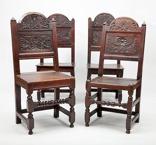 Assembled Group of Eight Jacobean Style Carved Oak Dining Chairs