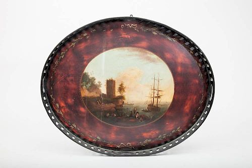 George III Style Painted Wood Oval Galleried Tray