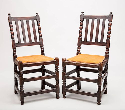 Pair of Charles II Style Stained Oak Carved Sausage Turned Chairs