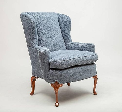 Queen Anne Style Mahogany and Upholstered Wing Chair
