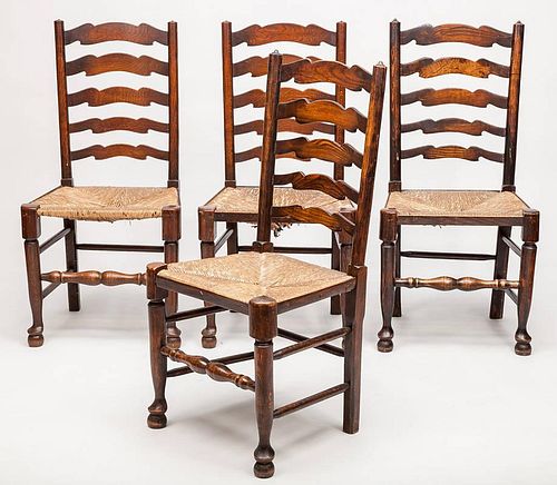 Four English Oak Ladder-Back Side Chairs