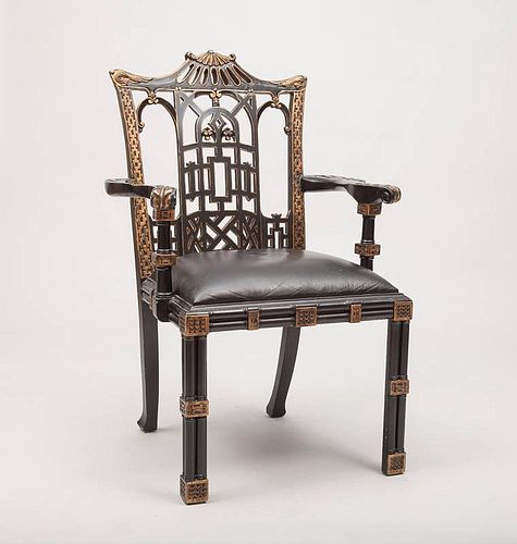 Chinese Chippendale Style Ebonized and Parcel-Gilt Armchair, Modern