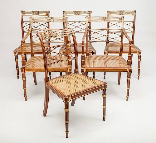 Set of Six Regency Style Gilt-Metal-Mounted Faux Grained Cane-Seat Dining Chairs