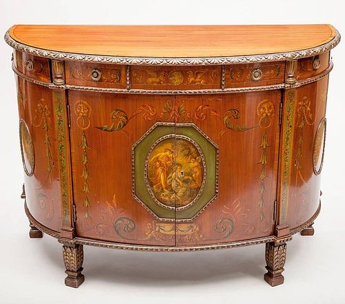 George III Style Carved and Painted Satinwood Demilune Side Cabinet