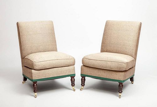Pair of Victorian Style Mahogany Brown-Upholstered Side Chairs