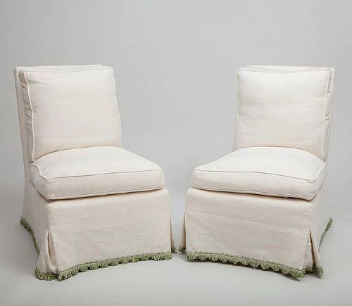 Pair of Victorian Style Mahogany and Ivory-Upholstered Side Chairs