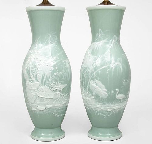 Pair of Celadon-Ground Porcelain Pƒte-Sur-Pƒte Vases, Mounted as Lamps
