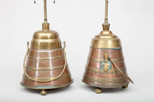 Two Similar Brass-Banded Copper Conical Pails with Covers, Mounted as Lamps