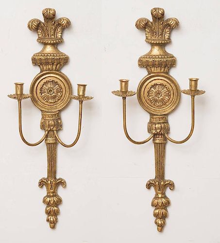 Pair of Queen Anne-Style Mirrored Sconces and a Pair of George III Style Giltwood Two-Light Sconces