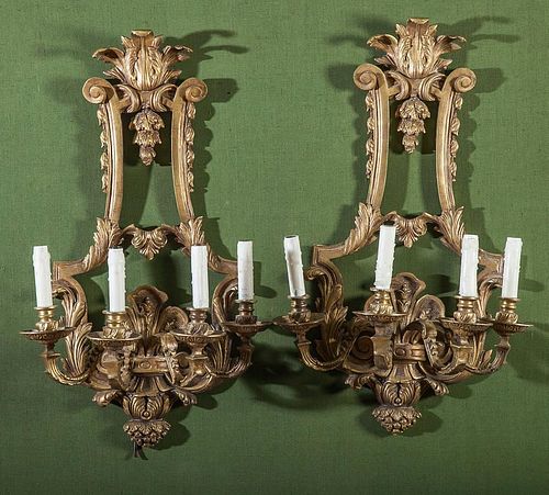 Pair of R‚gence Style Gilt-Metal Four-Light Wall Sconces
