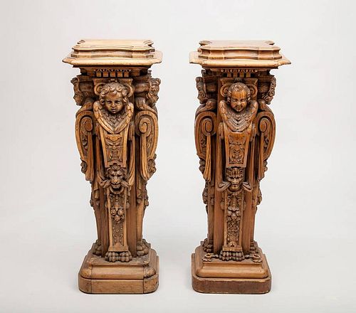 Pair of Baroque Style Carved Pinewood Pedestals