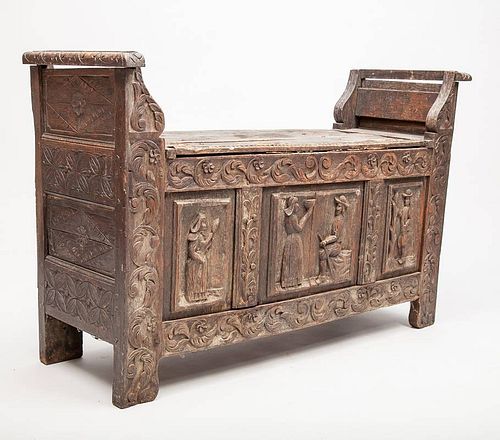 Continental Provincial Carved Wood Marriage Chest