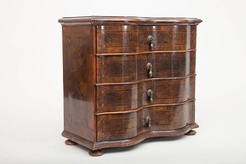 German Rococo Style Walnut Inlaid Miniature Serpentine-Fronted Chest of Drawers