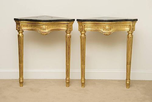 Two Louis XVI Style Giltwood Corner Console Tables, Modern