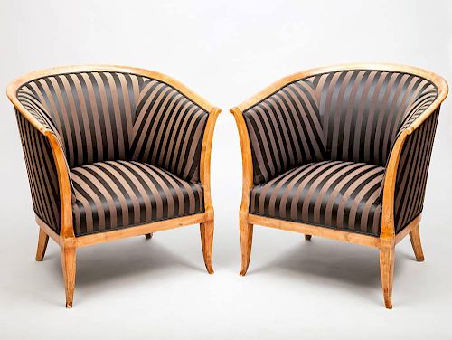 Pair of Biedermeier Style Birch Tub-Back Armchairs