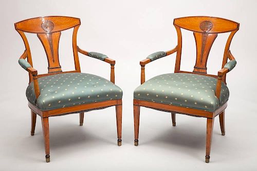 Pair of Eastern European Neoclassical Style Elmwood Armchairs