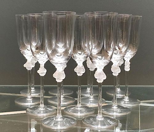 13 Lalique Cristal Champagne Flutes, Roxane Pattern