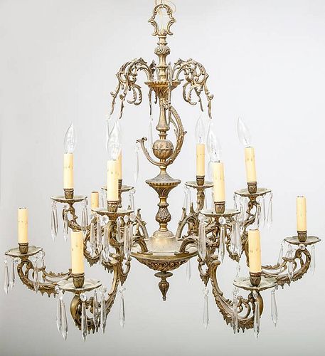 Louis XV Style Glass-Hung Gilt-Metal Twelve-Light Chandelier