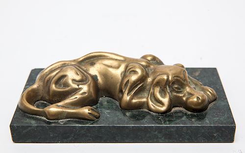 Brass Sleeping Dog Desk Sculpture w Marble