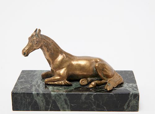Brass Reclining Horse Desk Sculpture w Marble