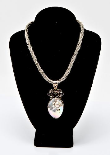 Silver Pendant Necklace with MOP, Topaz & Quartz