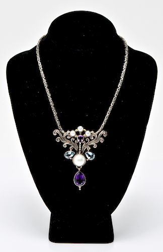 Silver Necklace w Amethyst Blue Topaz & Mabe Pearl