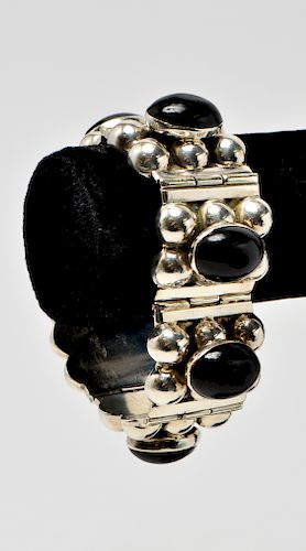 Taxco Sterling Silver & Black Onyx Hinged Bracelet