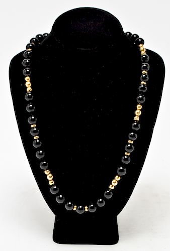 14K Yellow Gold & Black Onyx Beads Necklace