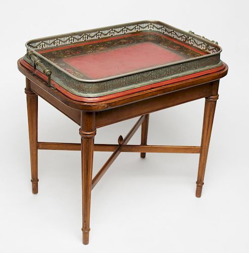 Walnut & Painted Leather Gallery Tray-Top Table